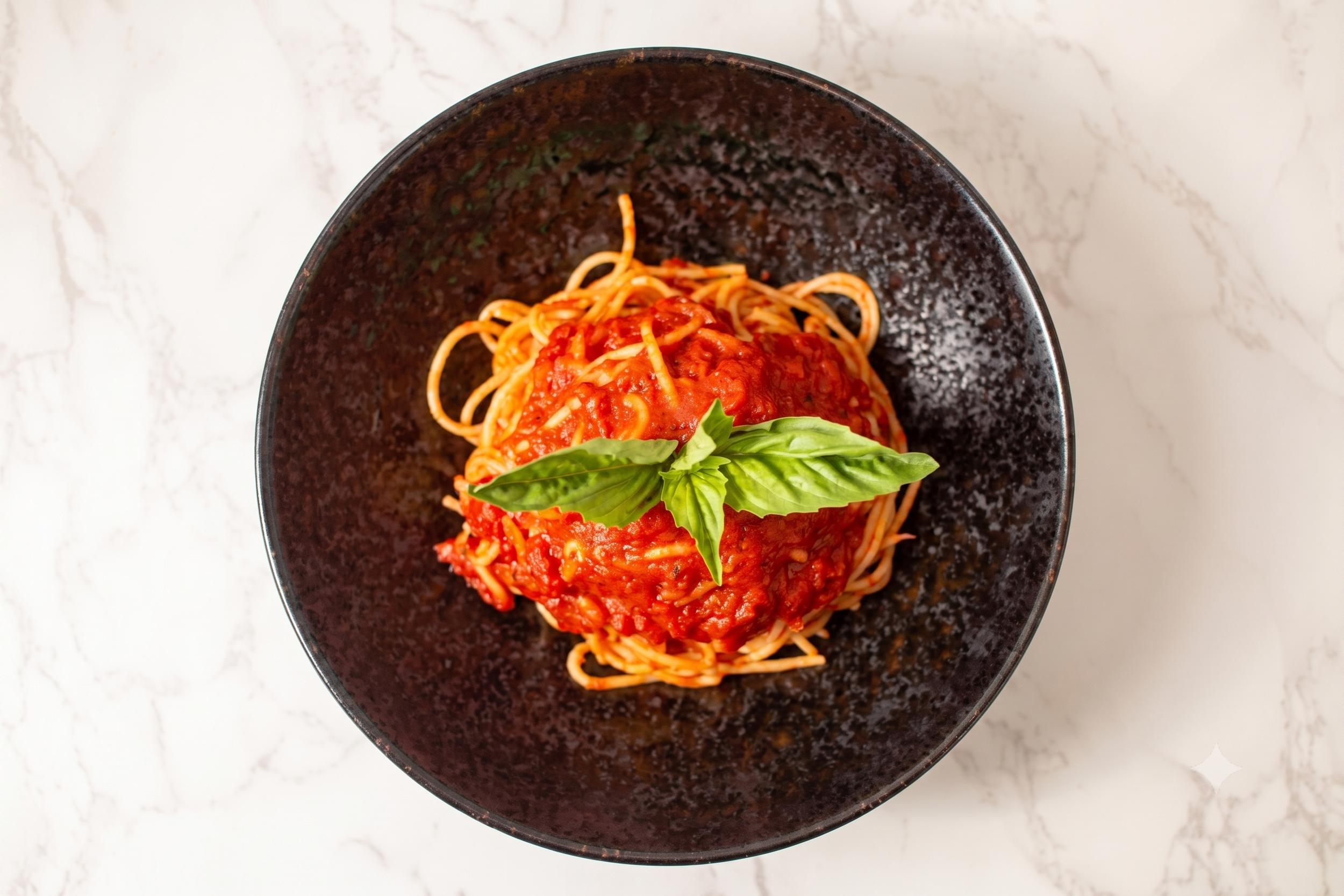 Top-down view of a black bowl with spaghetti topped with marinara sauce, garnished with fresh basil leaves, on a white marble surface.