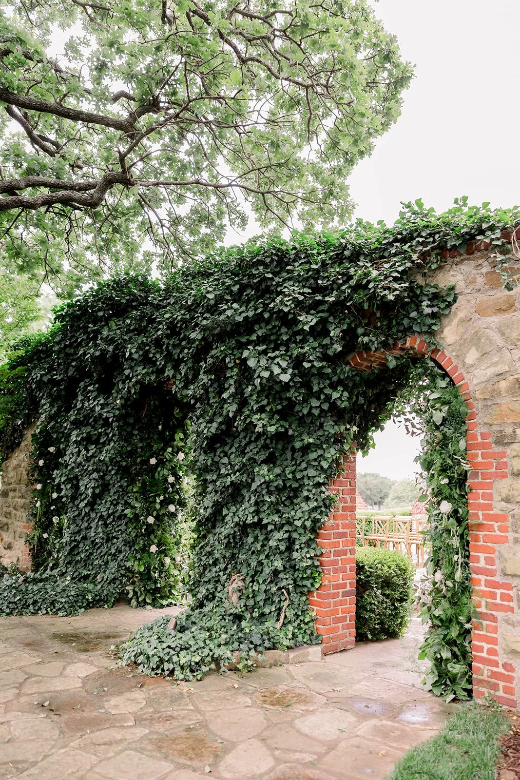 A stone wall with a brick archway covered in green ivy, with a tree overhead and a grassy landscape in the background.