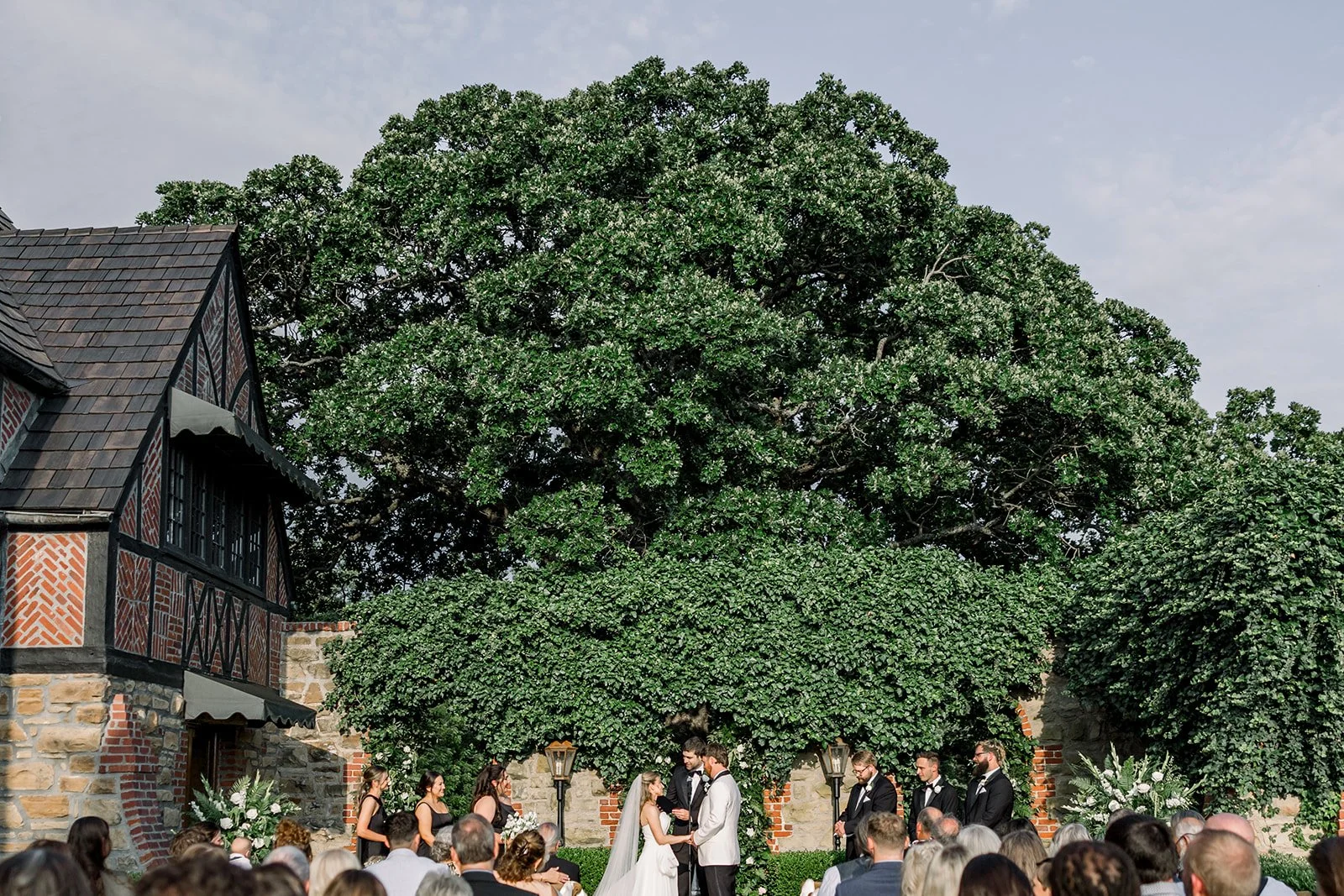 A wedding ceremony taking place outdoors beneath a large leafy tree with guests seated in front. The bride and groom stand in front of the officiant, surrounded by bridesmaids and groomsmen.