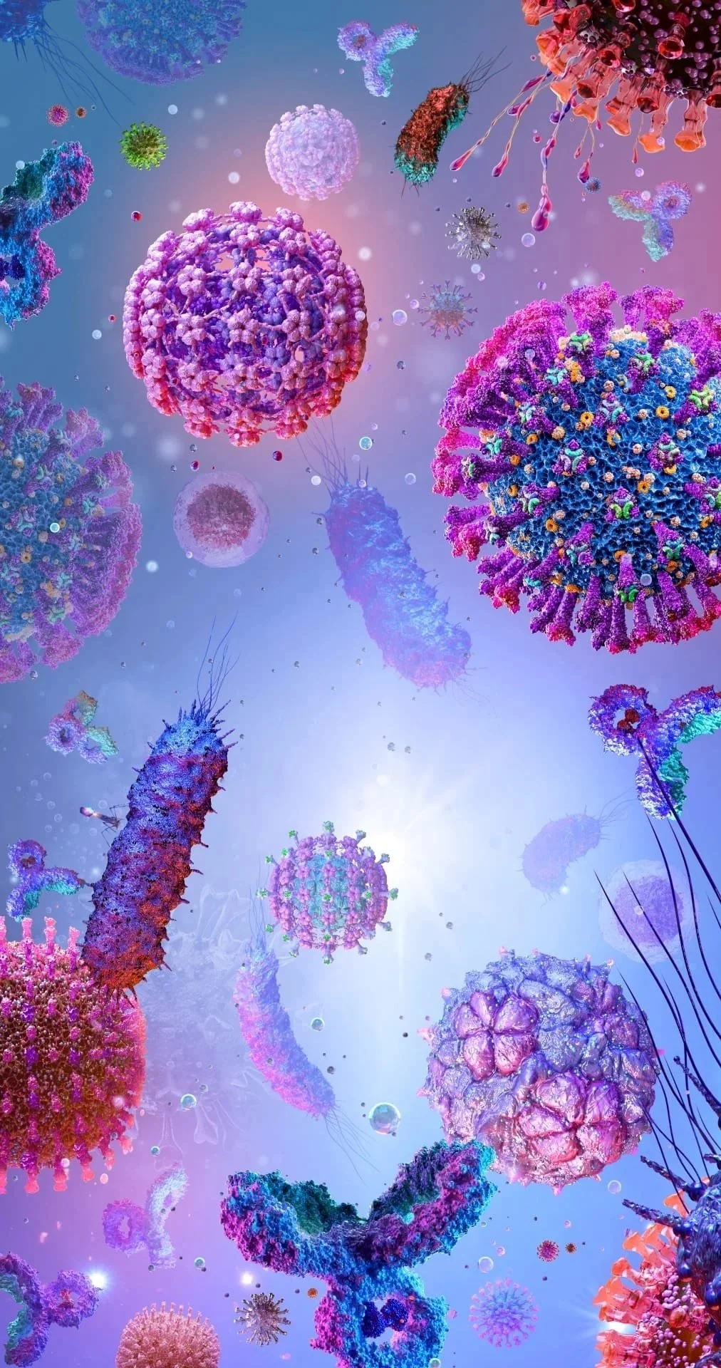 Illustration of various colorful viruses and bacteria floating in a blue and purple background.