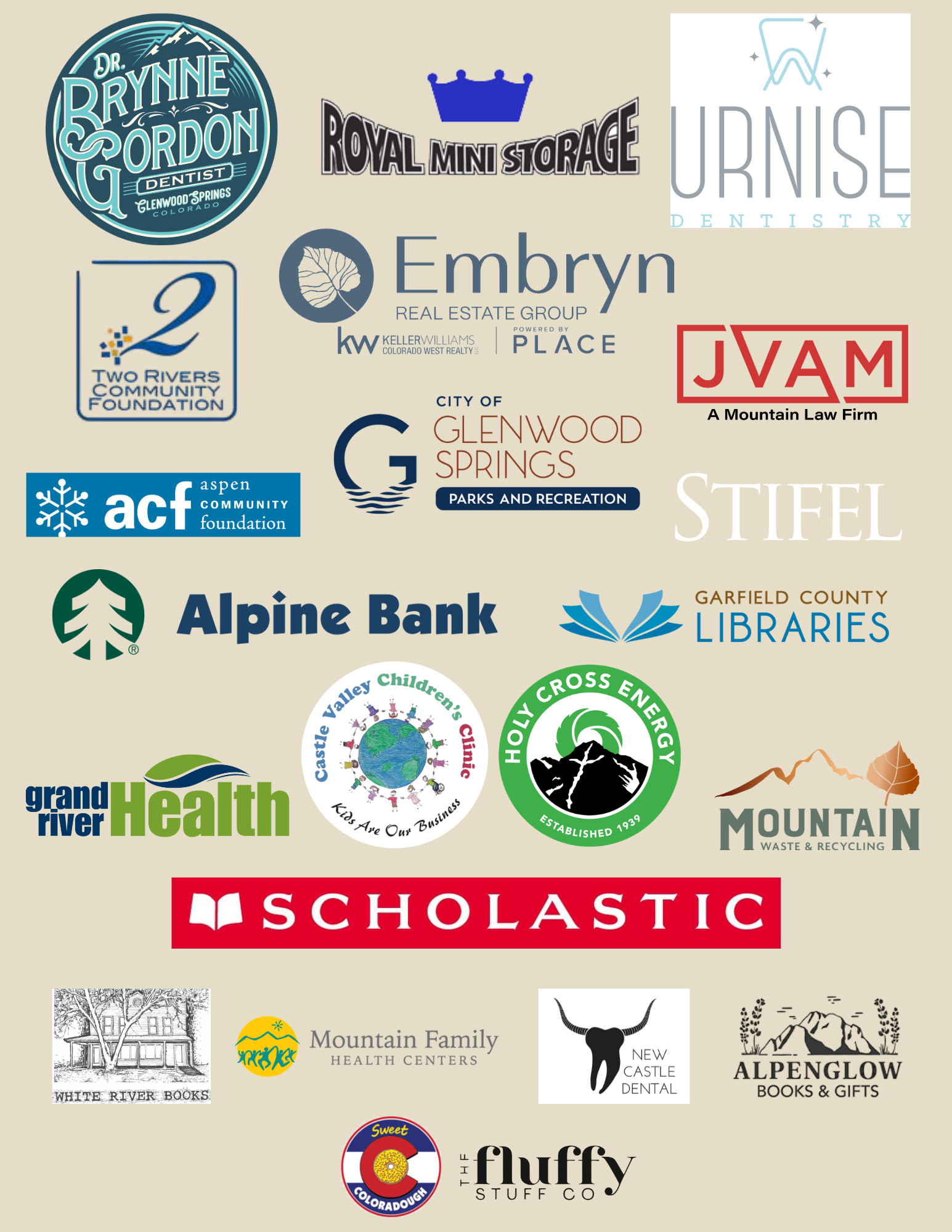 A collection of business logos including Dr. Brynne Gordon Dentist, Royal Mini Storage, Urnise Dentistry, Embryn Real Estate Group, Two Rivers Community Foundation, JVA Mountain Law Firm, Aspen Community Foundation, Alpine Bank, Garfield County Libraries, Castle Valley Children's Chiropractic, Holy Cross Energy, Mountain Waste & Recycling, Grand River Health, White River Books, Mountain Family Health Centers, New Castle Dental, Alpine Books & Gifts, The Fluffy Stuff Co, and Sweet Colorado.
