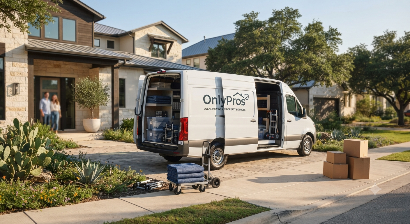 OnlyPros service vehicle arriving for a residential moving and delivery project.