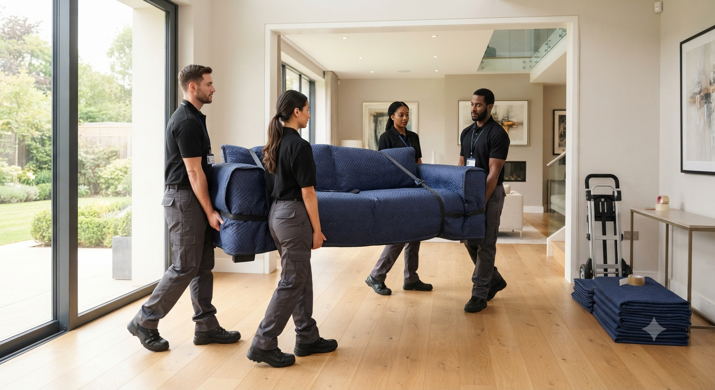 OnlyPros movers safely transporting furniture during a residential move.