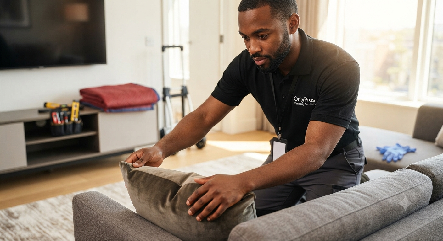 A man making a bed in a modern living room with natural light, wearing a black shirt with the logo 'OnlyPros Property San Francisco', holding a pillow.