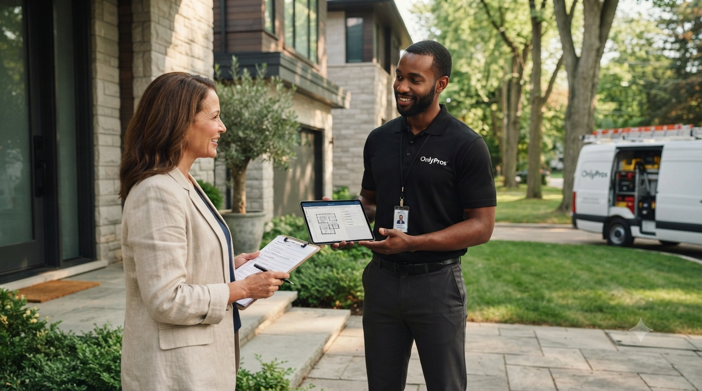 OnlyPros service professional discussing a residential or commercial project with a customer.