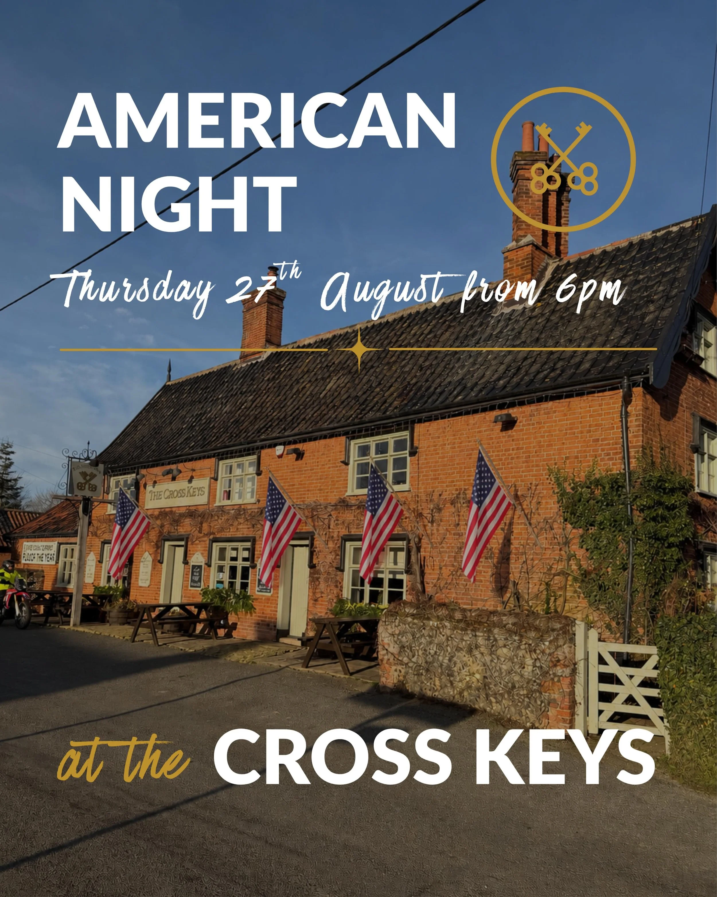 Our next Food Theme Night here at the Keys - American Night 🇺🇸

Perfect summer food to enjoy in our beer garden!  Plus this will be a great way to kick off the August Bank Holiday!

Some Pub Classics &amp; Burgers will also be available. 

Limited 