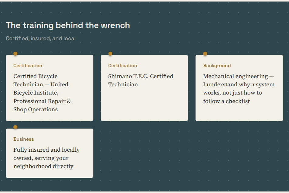 Web page titled 'The training behind the wrench' with sections on Certification, Background, and Business, describing a bicycle technician's certification, background in mechanical engineering, and business details.