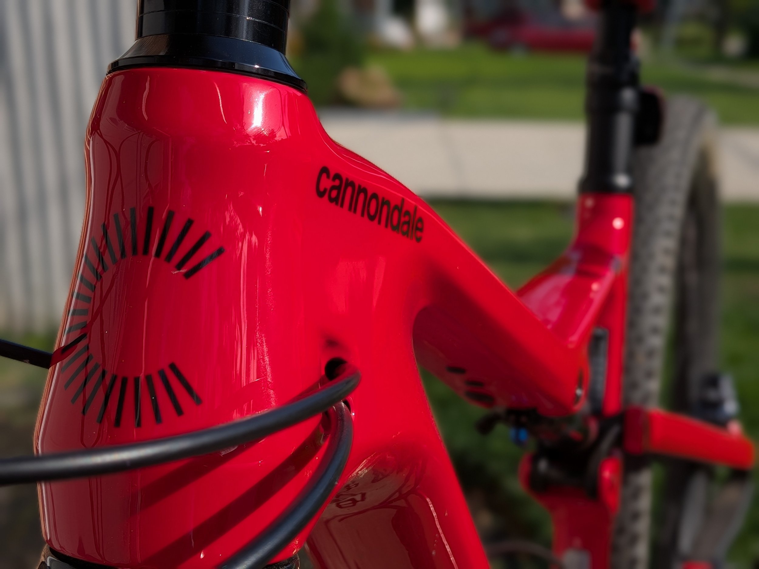Close-up of a bright red Cannondale mountain bike frame with black accents, including the top tube and part of the front suspension, outdoors on a sunny day.