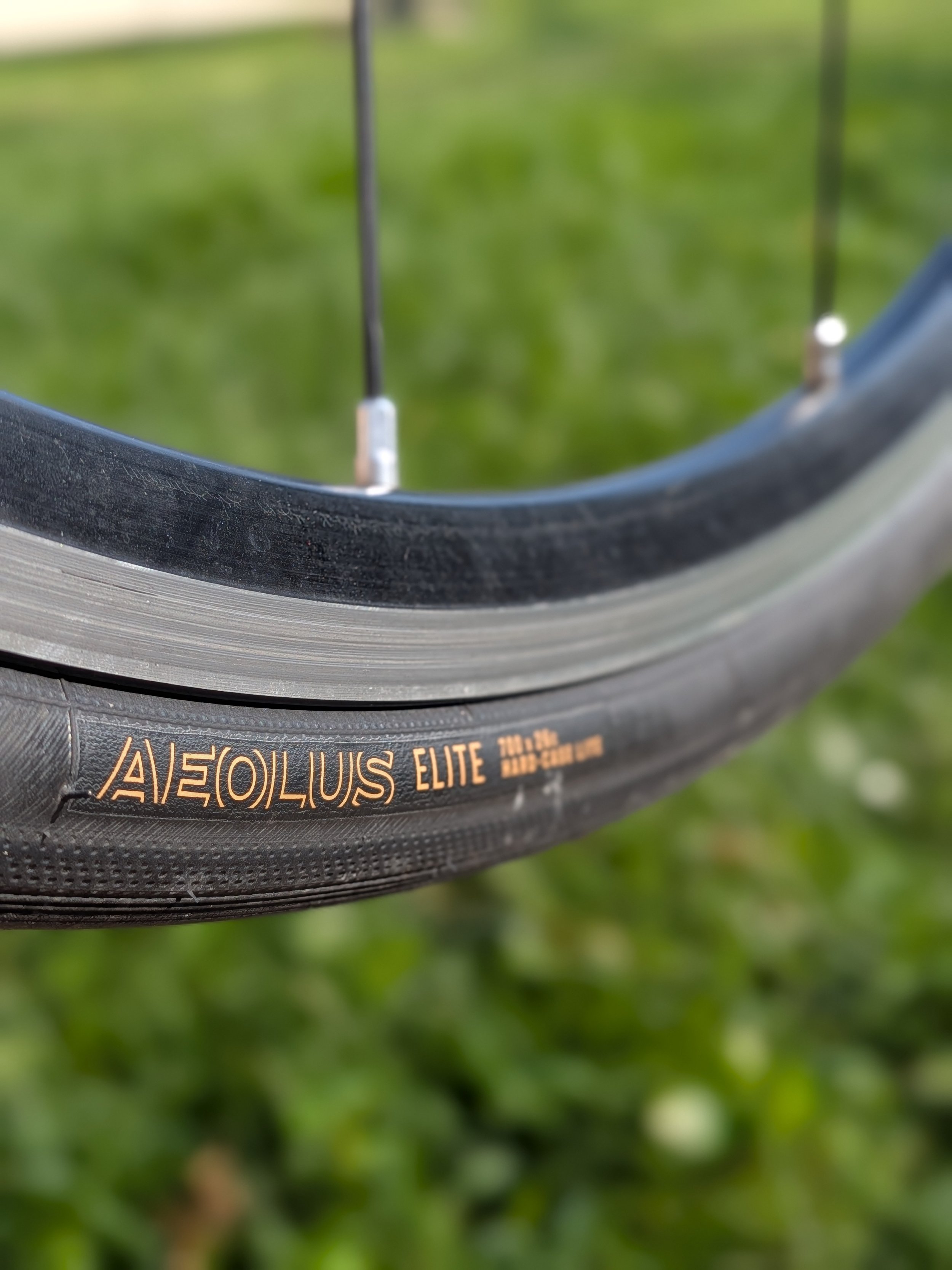 Close-up of a bicycle tire labeled 'Aero Equus Elite' with a green blurred background.