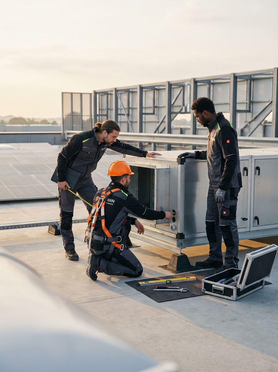 Workers installing or inspecting a rooftop HVAC unit with solar panels in the background