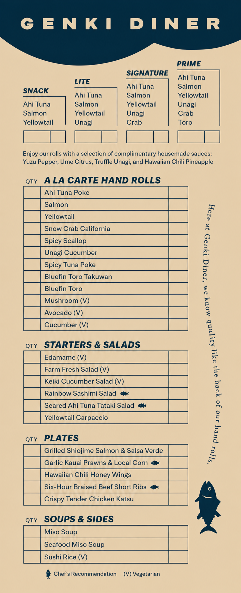 A sushi restaurant menu from Genki Diner, featuring options for Nigiri, A La Carte Hand Rolls, Starters & Salads, Plates, and Soups & Sides, with a fish icon indicating chef's recommendations.