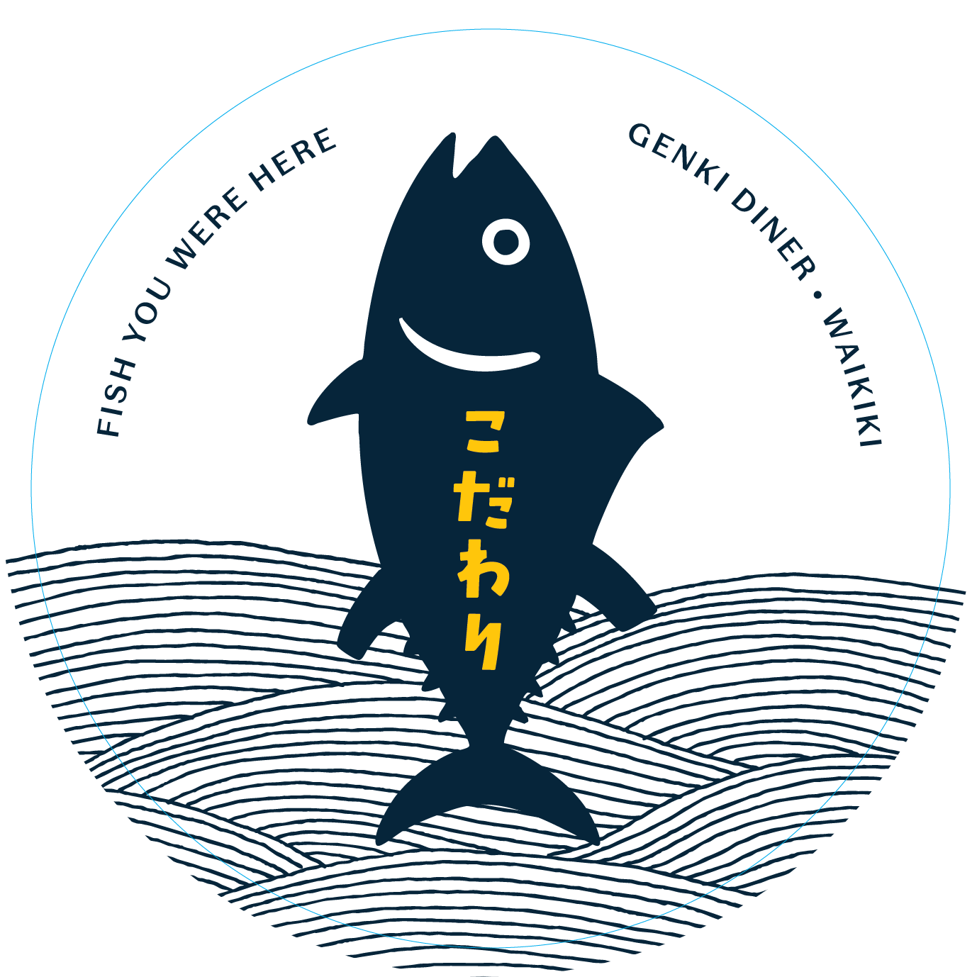 A graphic illustration of a fish jumping out of stylized water, with Japanese characters vertically across the fish. The text around the circle reads "Genki Diner. Wailiki" and "Fish You Were Here".