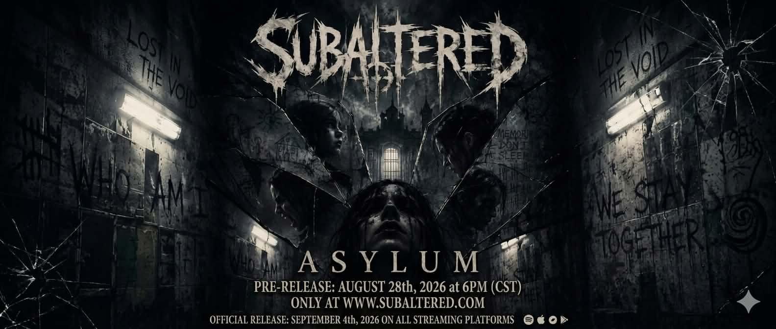 Dark promotional poster for the band Subaltered, announcing their new album 'Asylum' with photos of band members and graffiti-covered walls, and release dates.