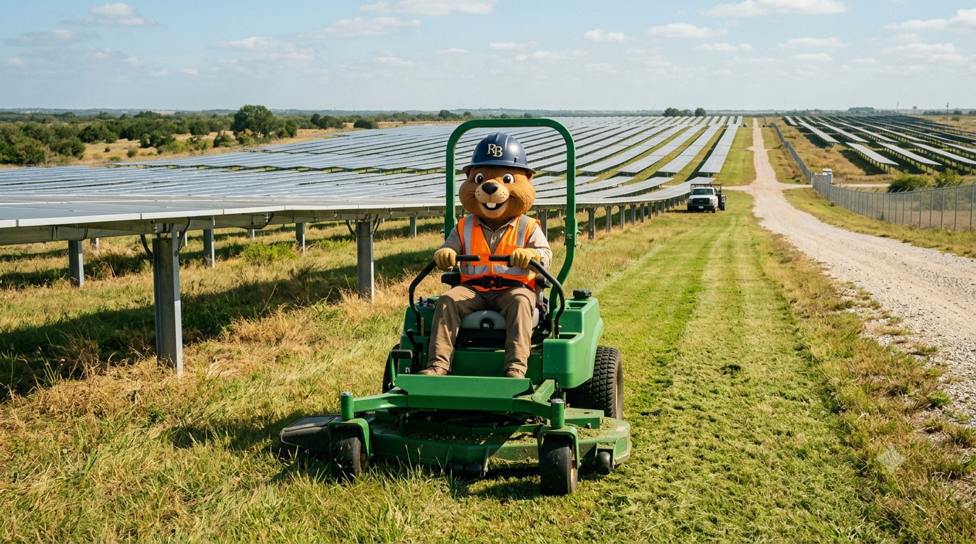 A person in a bear costume with a hard hat and safety vest, riding a green lawn mower in an area with solar panels.