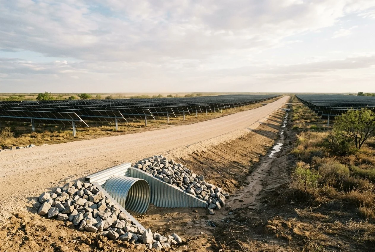 Crushed limestone access road through a solar array with a galvanized culvert and rip rap armoring at the outfall, West Texas