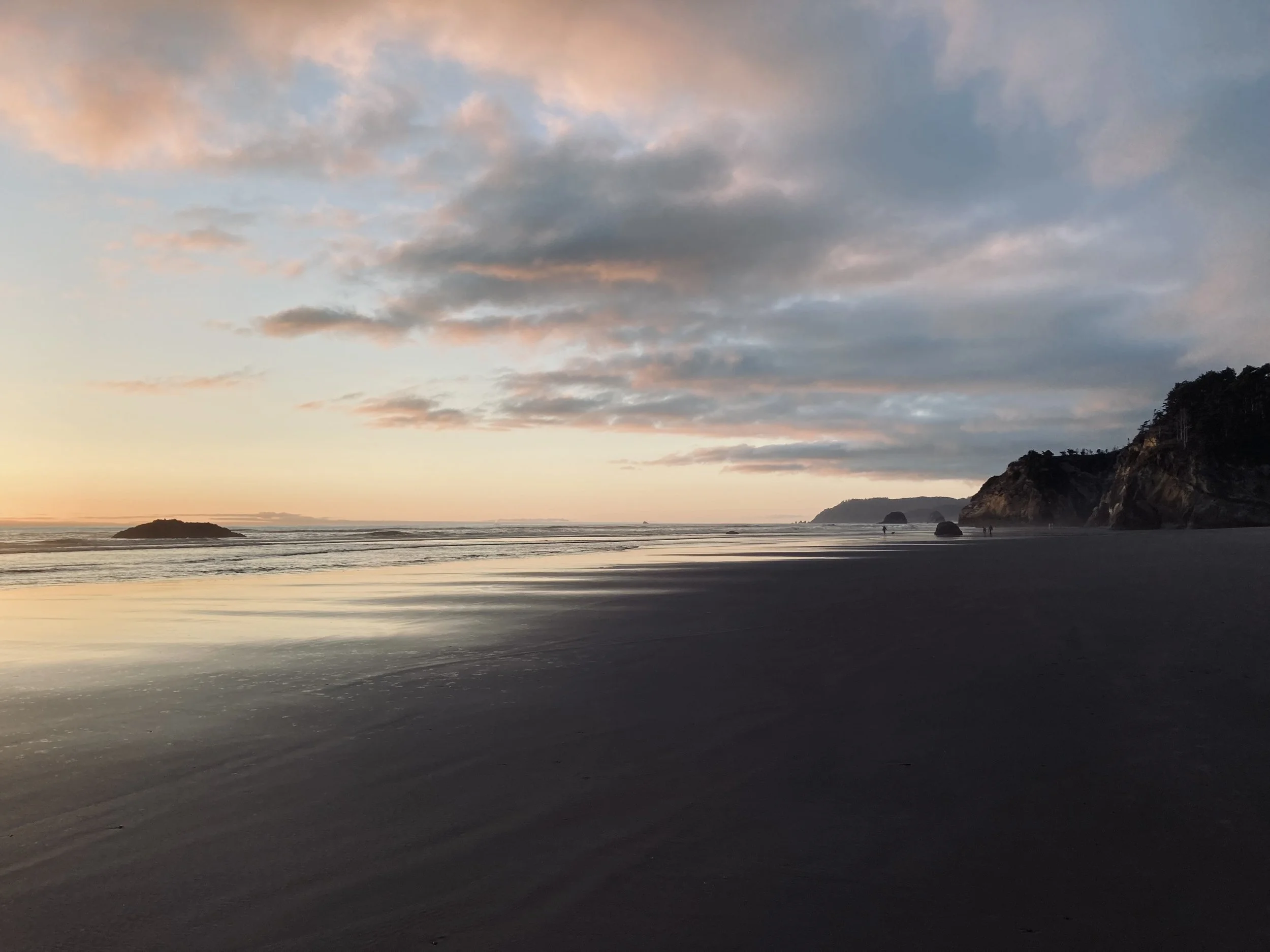 A beach scene at sunset with the sky filled with pink and grey clouds, a shoreline with wet sand, and a rocky cliff on the right side.