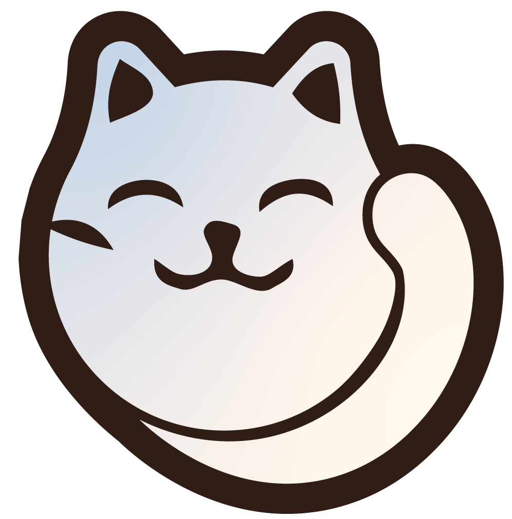 Smiling cartoon cat with closed eyes, whiskers, and a curled tail.
