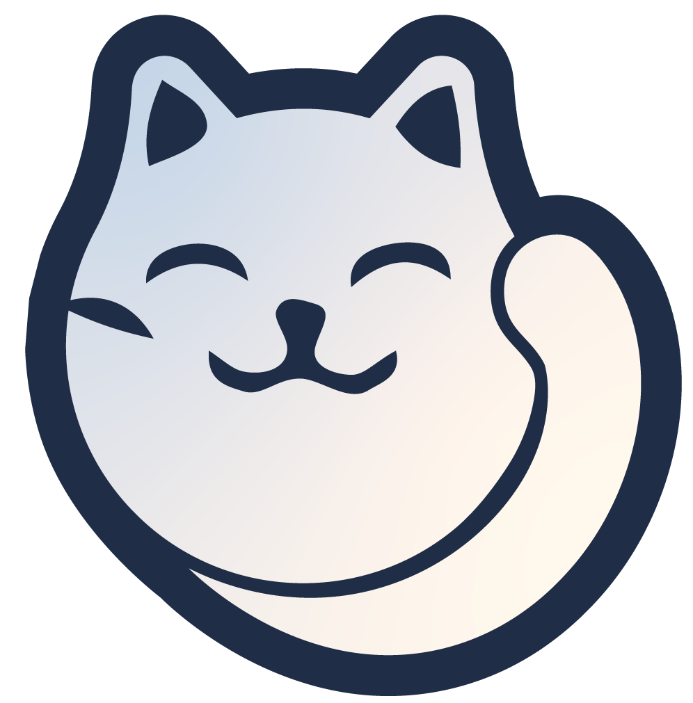 White smiling cat illustration with dark blue background