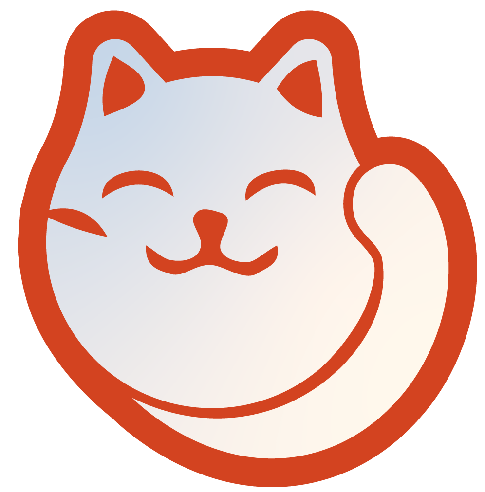 Illustration of a smiling cat's face with closed eyes, whiskers, and a curled tail on an orange background.