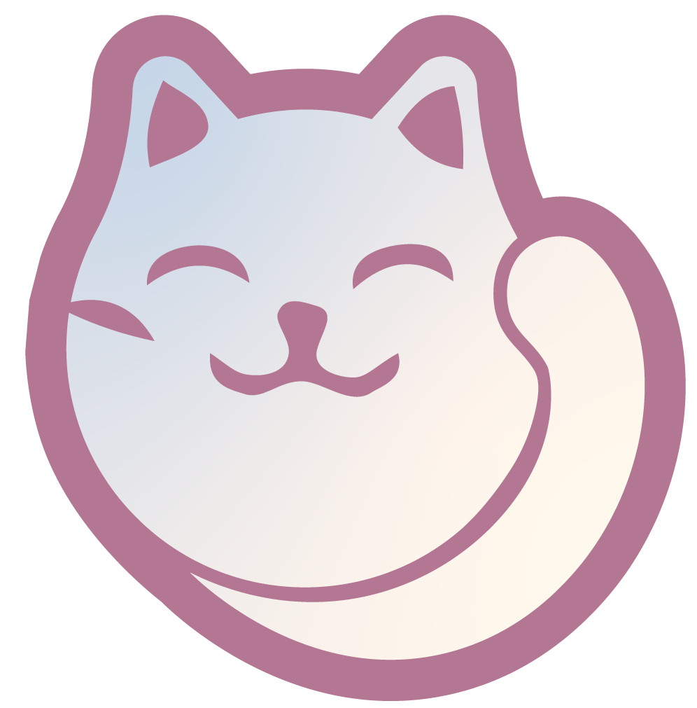 Illustration of a smiling, white, cartoon cat with closed eyes, on a purple background.