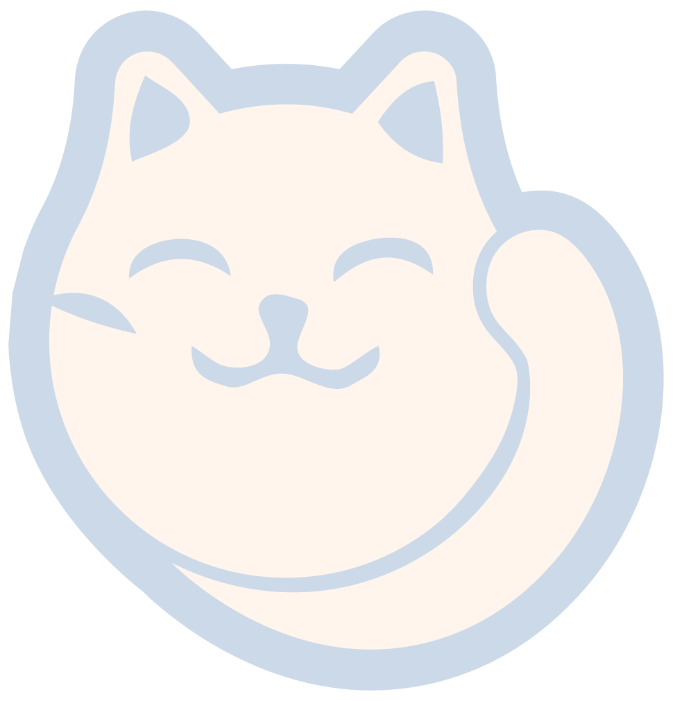 A smiling cat's face with closed eyes on a light-colored background.