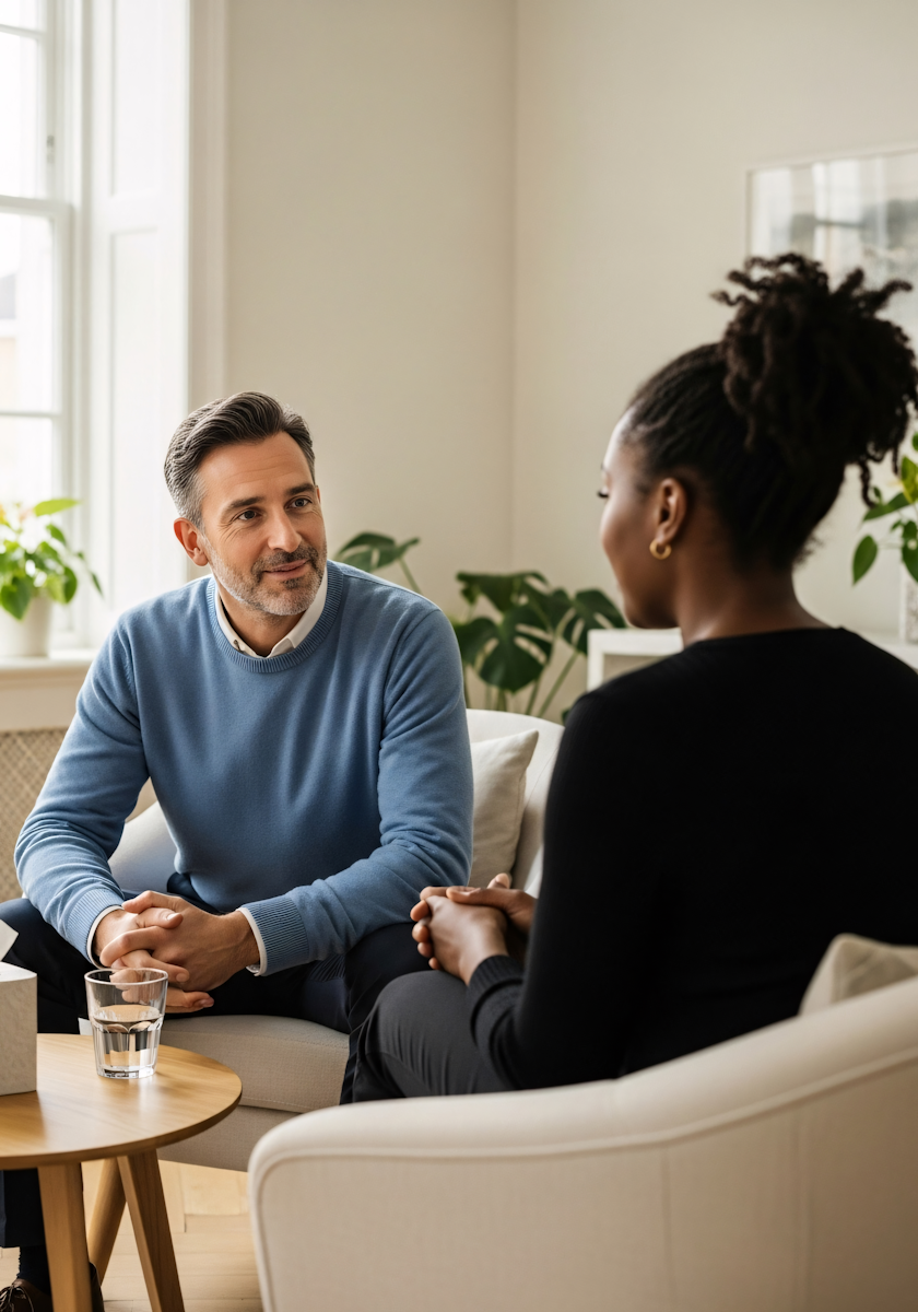 A man and woman having a conversation in a cozy, well-lit living room with large windows and green plants.
