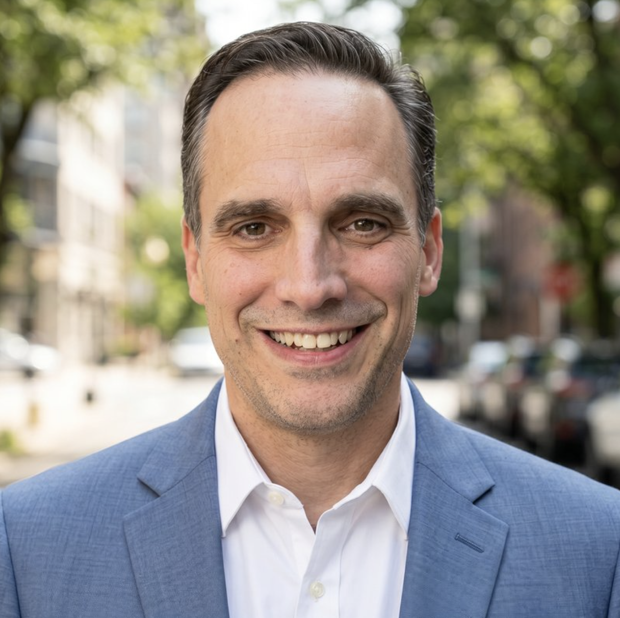 A man in a light blue suit and white shirt smiling outdoors with trees and parked cars in the background.