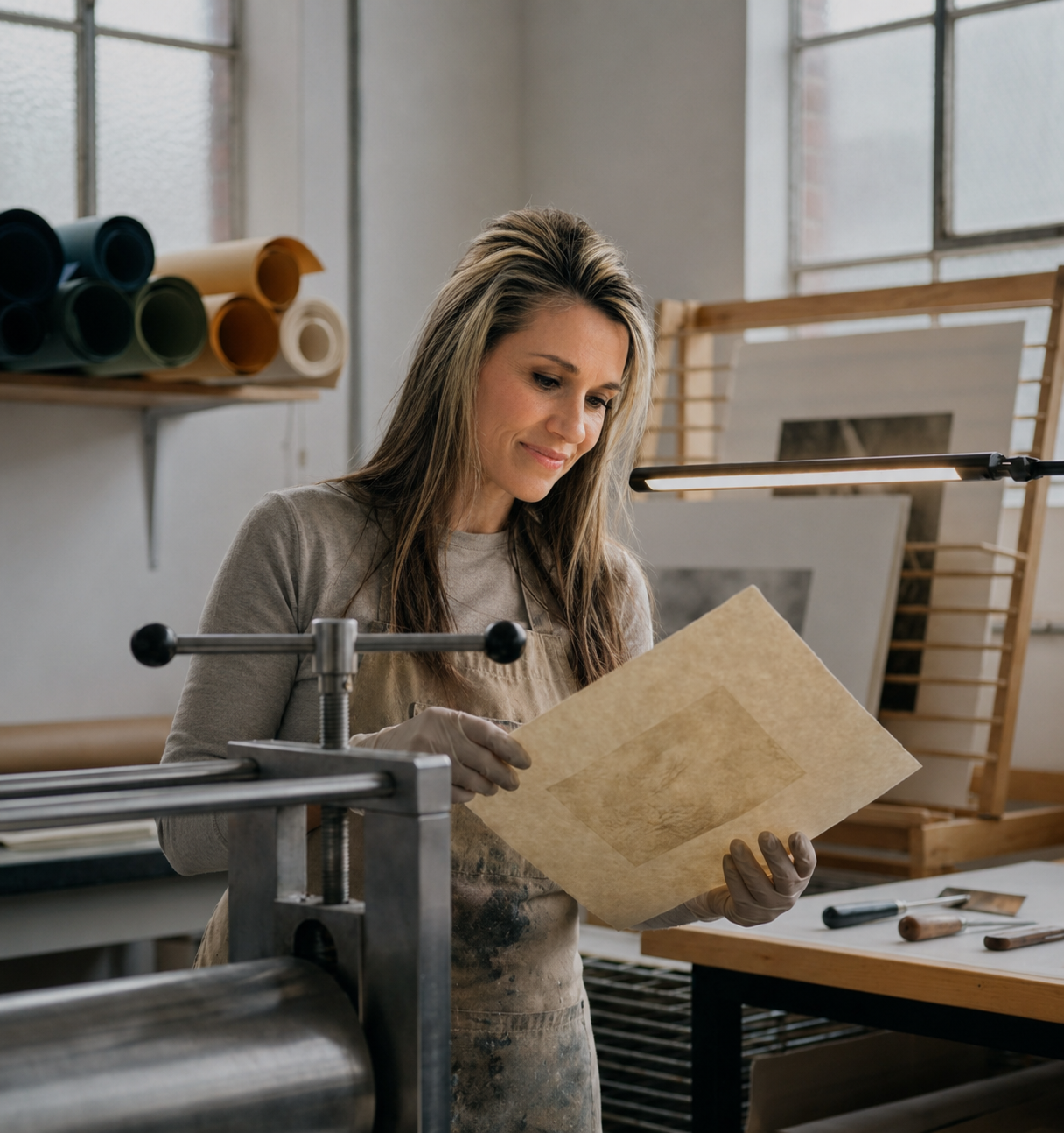 A woman in a workshop examining a piece of paper or parchment.