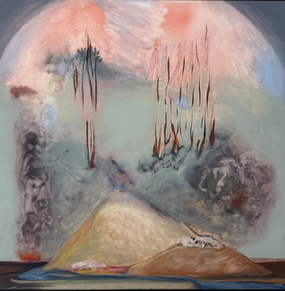 Abstract painting featuring soft pastel colors, with vertical streaks, cloudy textures, and a mountain.
