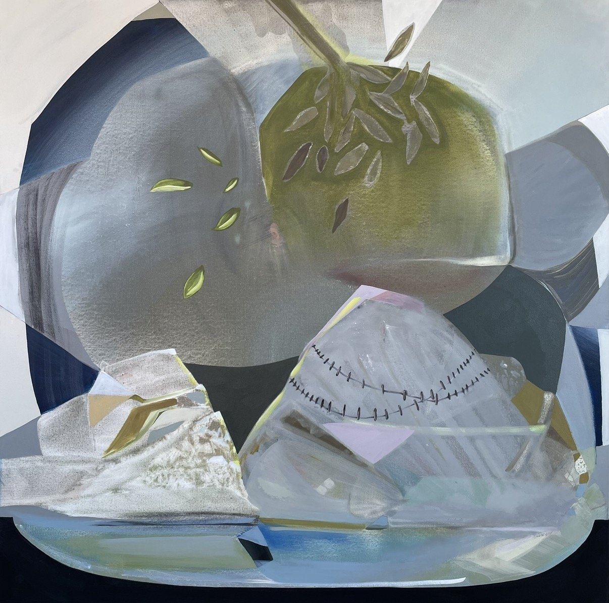 Abstract painting with the optical illusion of a looking glass in a geometric style with muted colors.