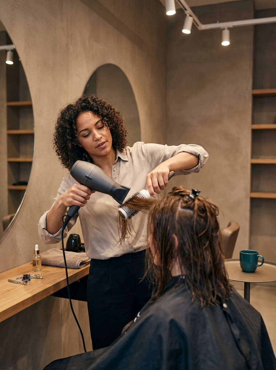Woman styling another woman's wet hair at a hair salon, with hairdryer and brush.