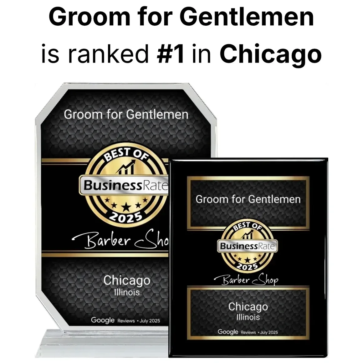 Graphical advertisement for a barber shop emphasizing it as the best of 2025, based on Google reviews in July 2025. Features a black and gold color scheme, with airport-style signage and a black box design, highlighting a top ranking in Chicago, Illinois.