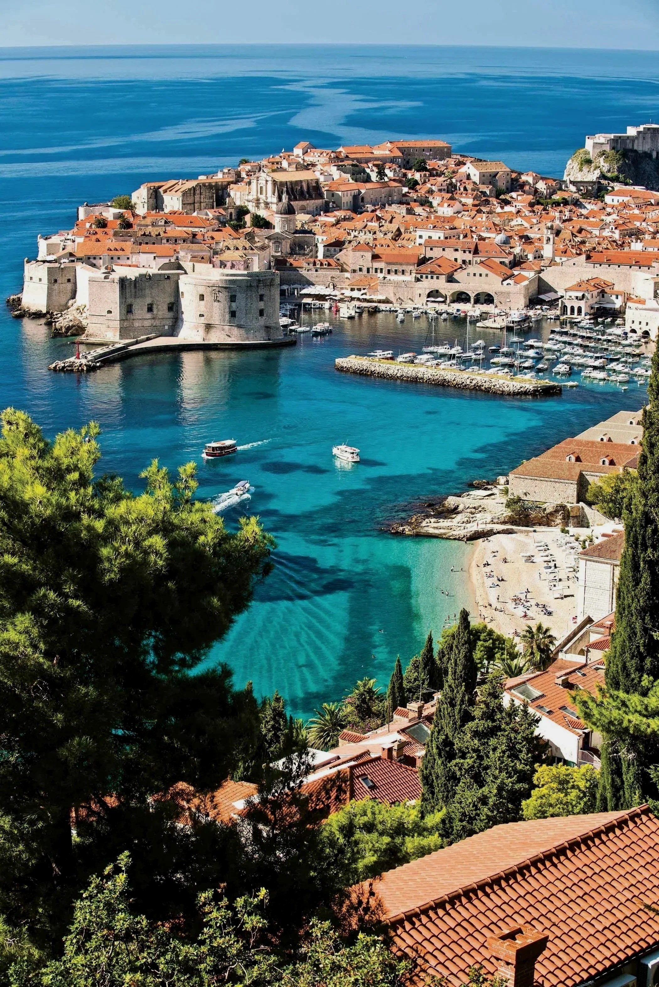 A coastal city with historic stone buildings, orange-tiled roofs, a harbor with boats, and a historic fortress wall along the water. Green trees frame the foreground, and the blue sea stretches into the horizon.
