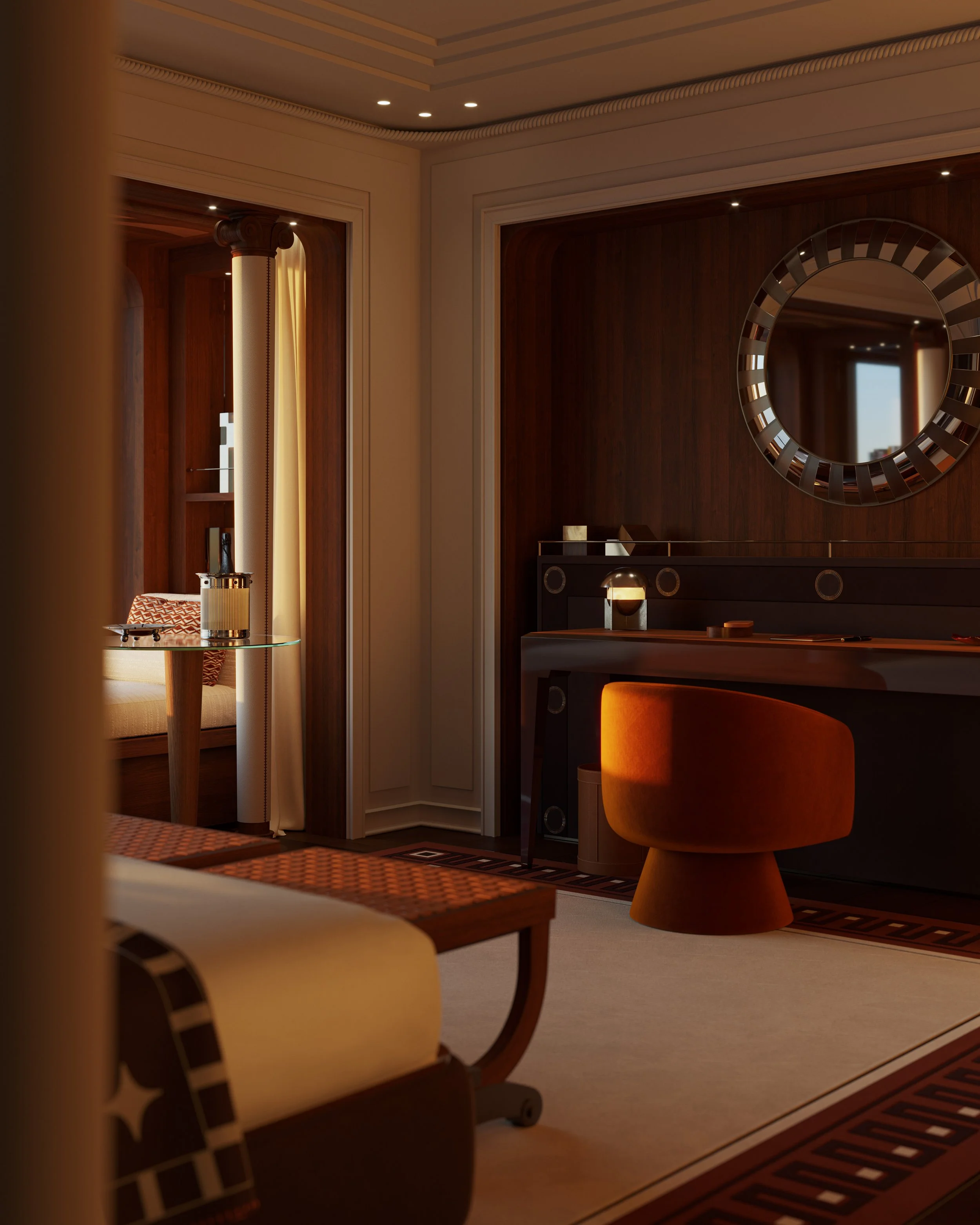 A warmly lit interior room with wood-paneled walls, a round mirror with a decorative frame, and a burnt orange velvet chair. Part of a table and a cushion are also visible in the foreground.