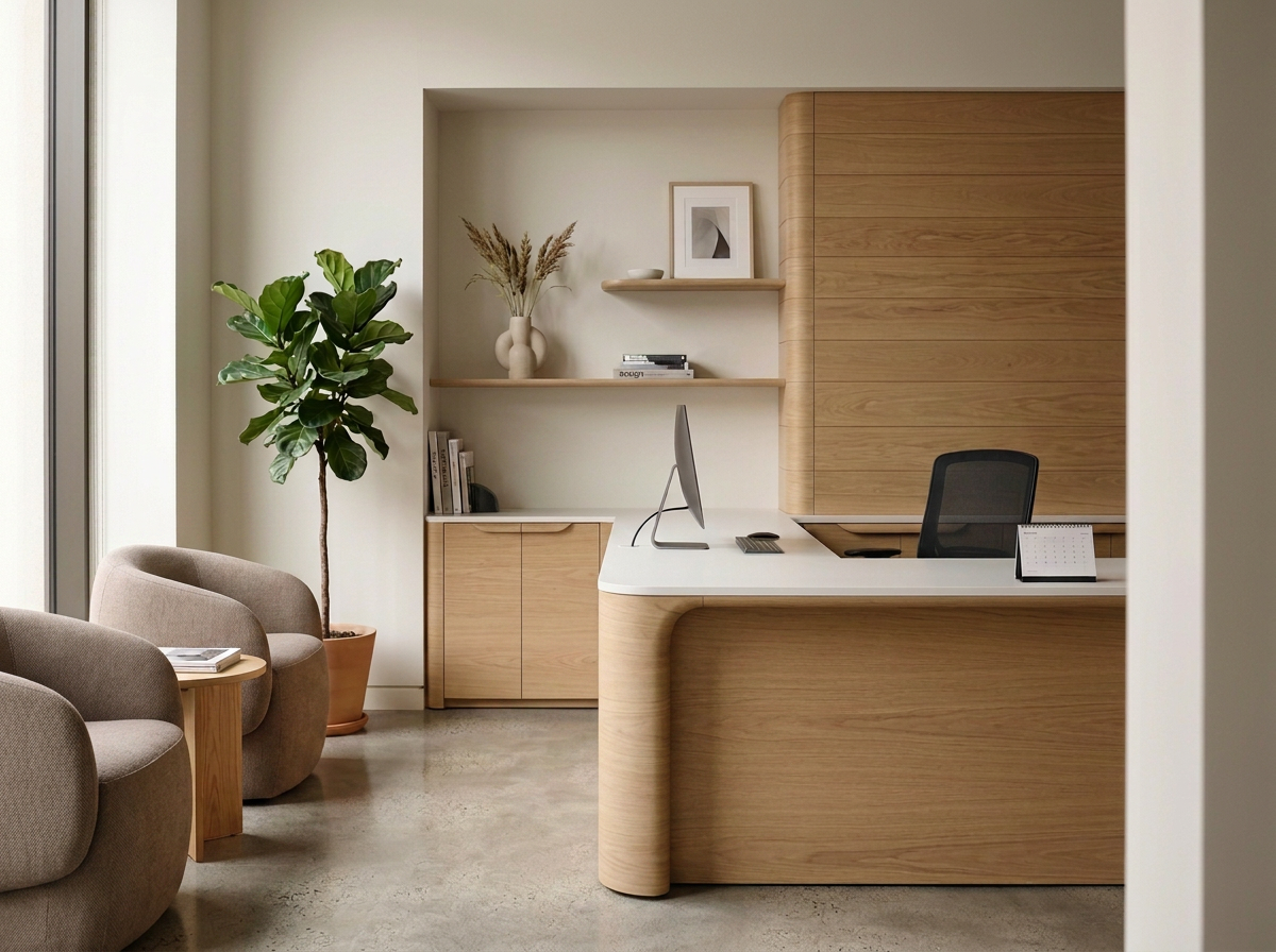 Modern reception area with a wooden desk, black office chair, and a computer monitor. Cozy seating with two beige armchairs and a small wooden side table. Potted plant and shelves with decorative items and books.