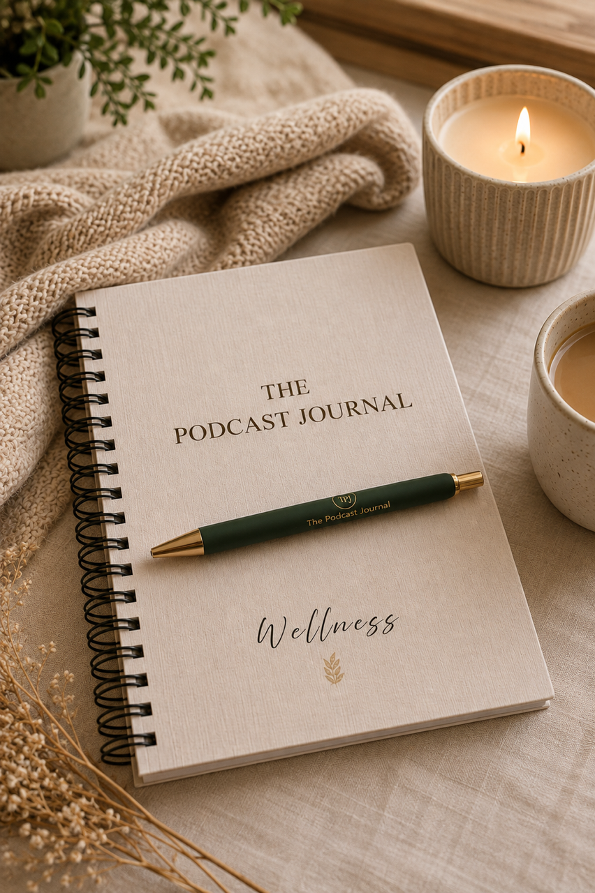 A spiral-bound notebook titled 'The Podcast Journal' with the subtitle 'Wellness,' a green pen, a lit candle, two cups of coffee, a cozy knit blanket, a plant, and dried flowers on a light-colored surface.