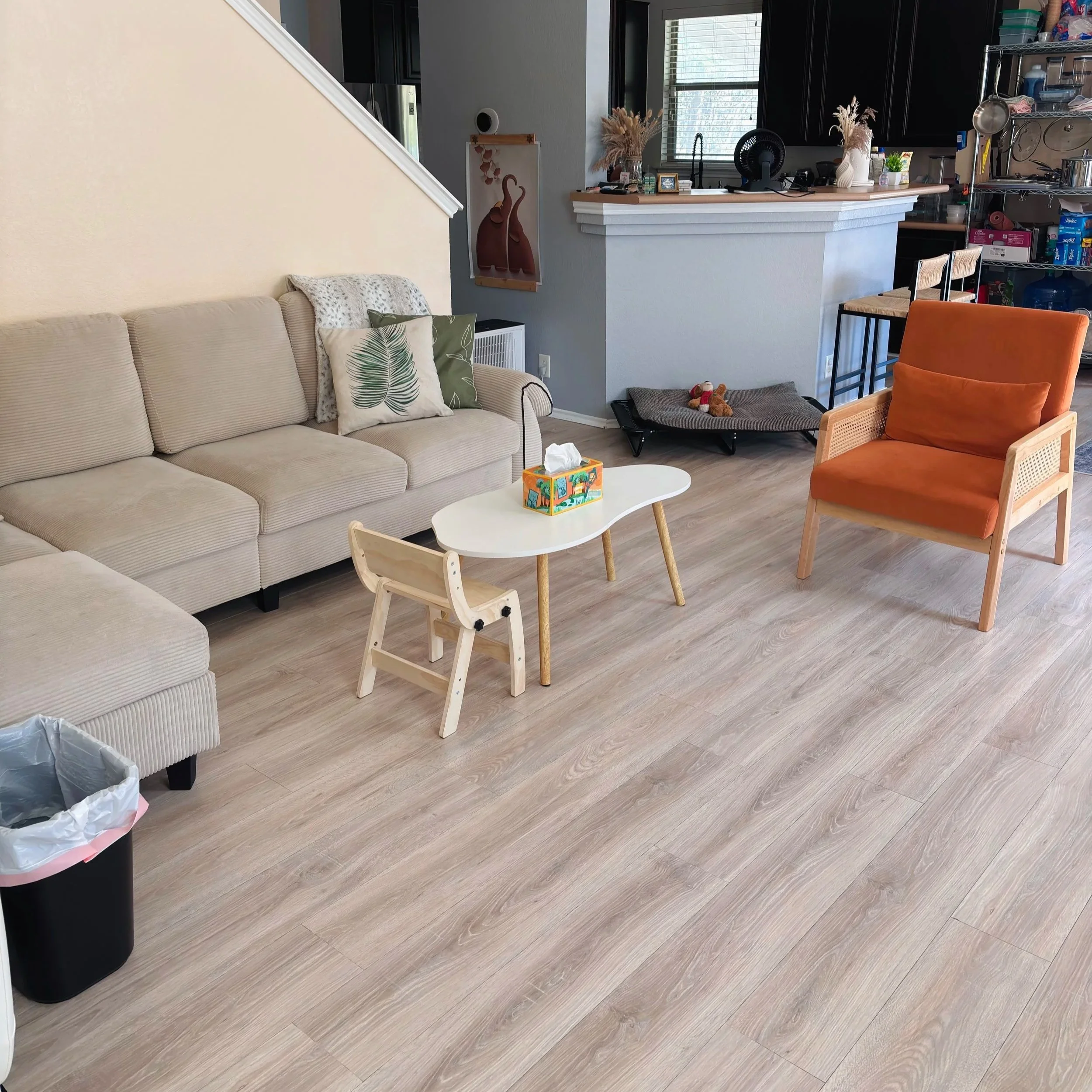 Living room with beige sofa, wooden coffee table with tissue box, orange and wooden chairs, black trash can, and a kitchen area with black cabinets, window, and shelves filled with bottles, boxes, and household items.