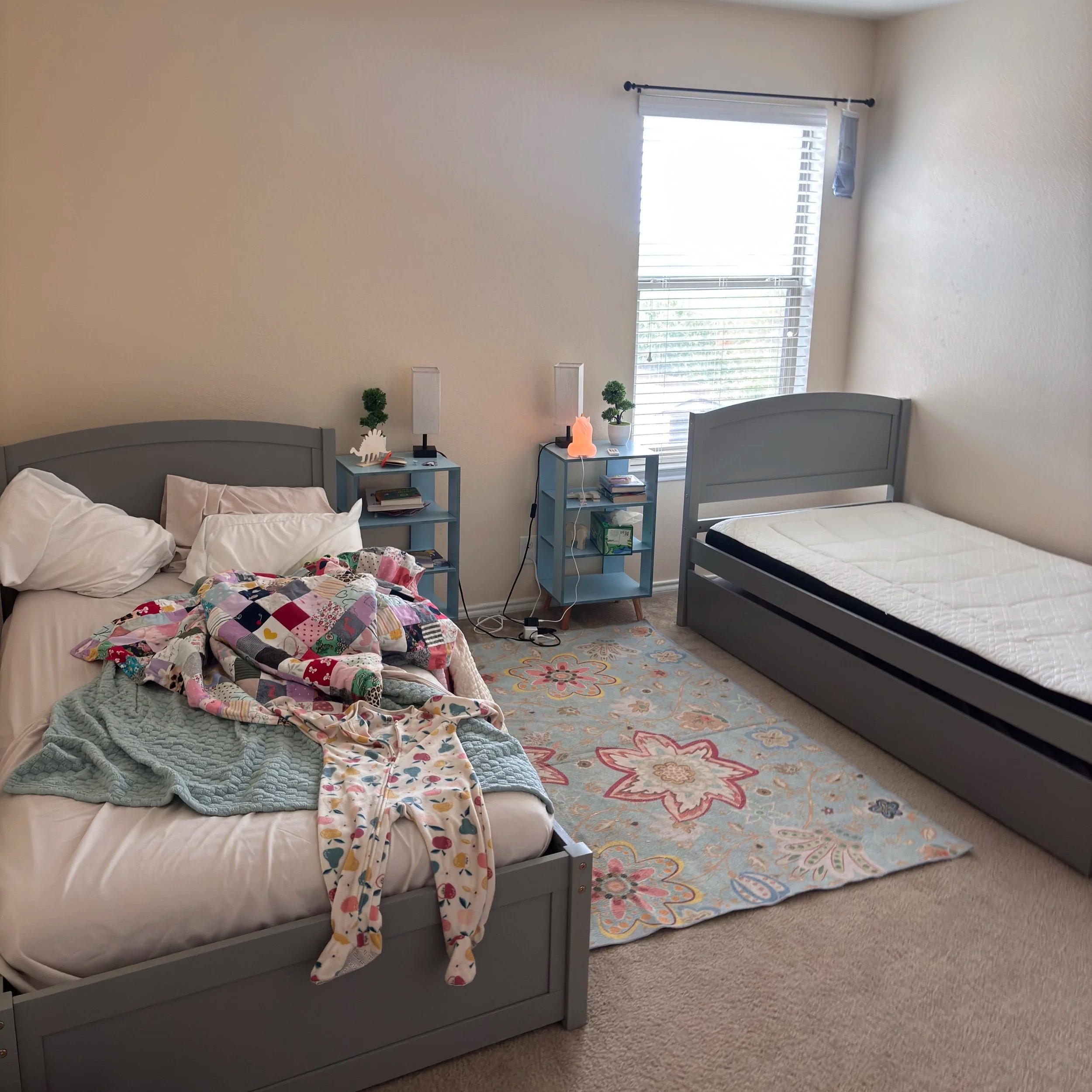 A bedroom with two gray beds, one with a colorful quilt, and the other with a plain white mattress. There are two nightstands with small potted plants, lamps, and books. A window with blinds and a curtain is in the background, and a floral rug covers part of the beige carpeted floor.