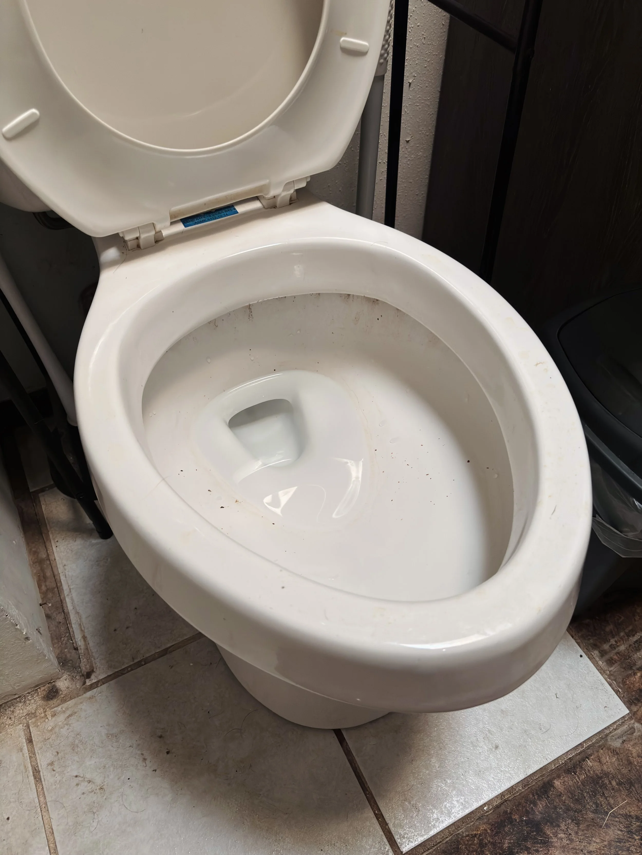 An open white toilet with water inside, located against a wall in a bathroom.