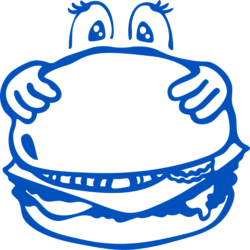 Cartoon image of an alligator with wide eyes holding a large hamburger bun.