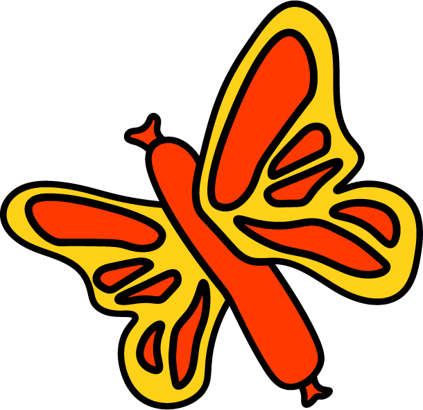 Illustration of a butterfly with orange and yellow wings outlined in black.