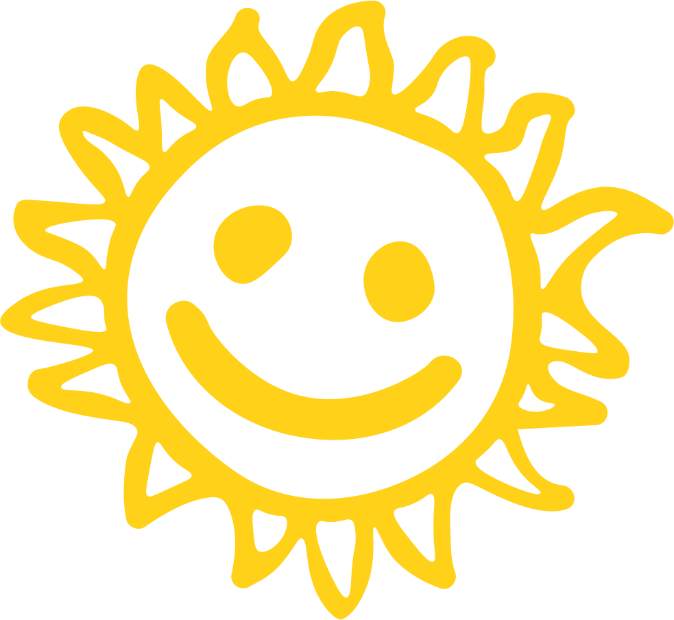 Yellow sun with a smiling face and spiky rays extending outward.