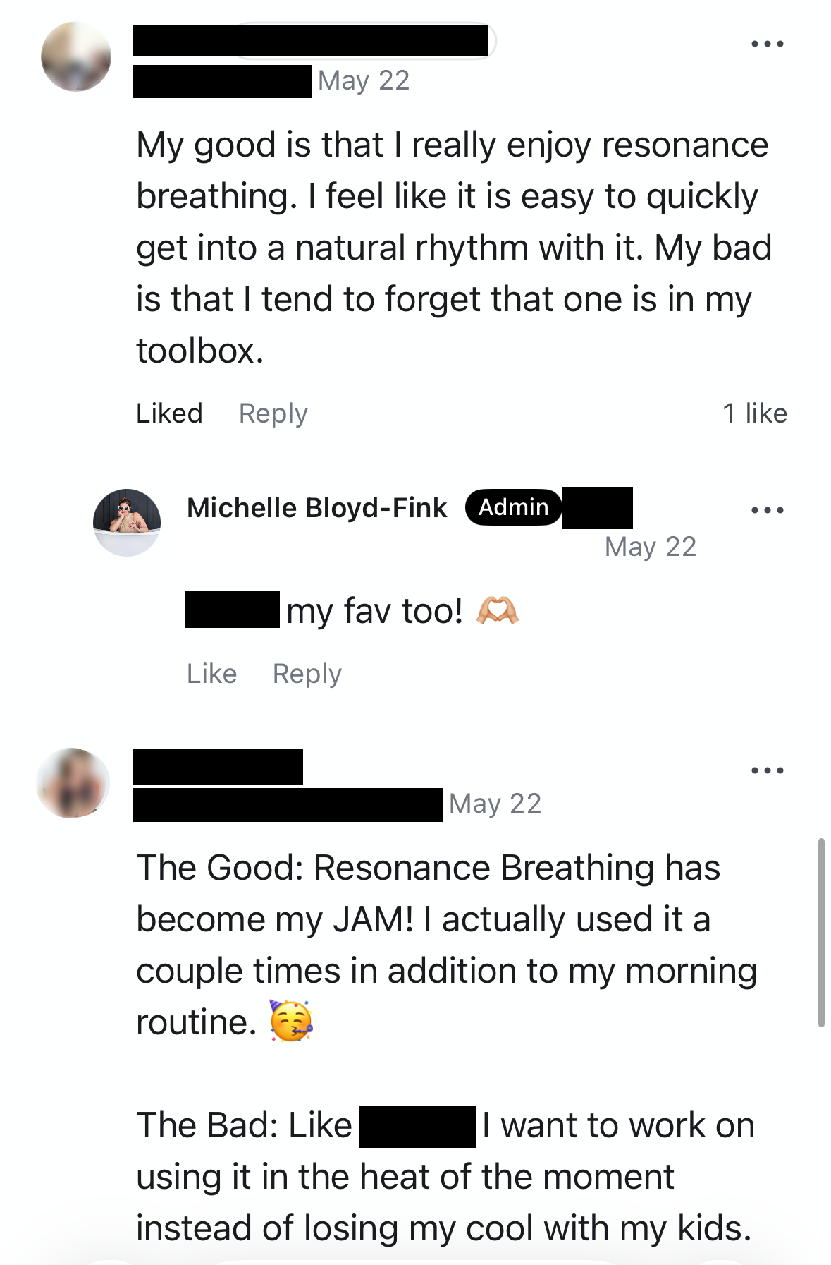 Screenshot of a social media conversation with comments about resonance breathing, with one user talking about how it helps with natural rhythm and another discussing using resonance breathing in the heat of the moment.