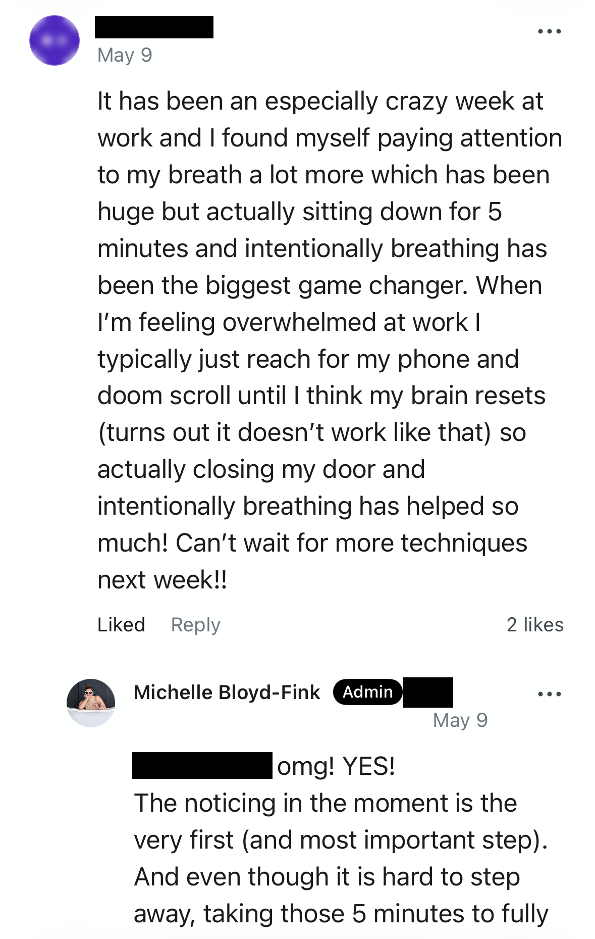 Screenshot of a social media post discussing the benefits of breath awareness for stress relief, including maintaining a 5-minute breathing exercise at work.