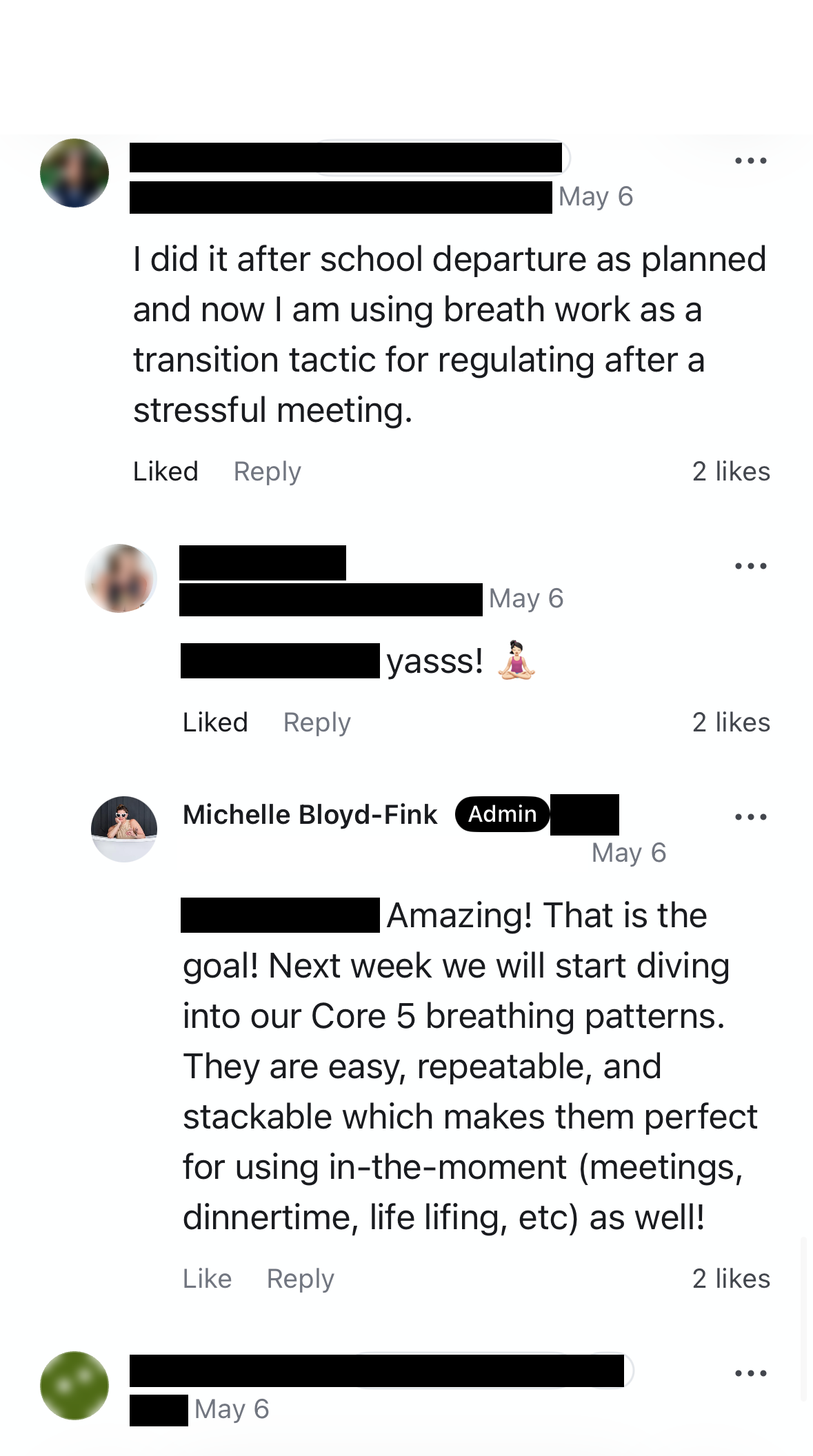 A screenshot of a Facebook comment thread. The first comment discusses using breath work as a transition tactic after a stressful meeting. The second comment responds with enthusiasm and a yoga emoji. The third comment is from Michelle Bloyd-Fink, an admin, expressing excitement about upcoming goals involving breathing patterns and other wellness activities.