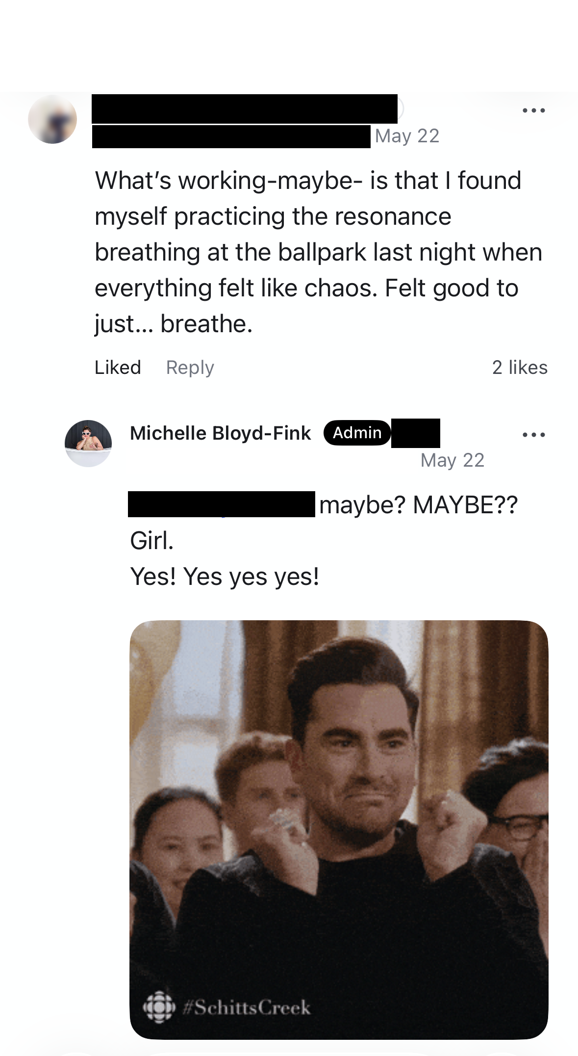 Screenshot of a social media conversation about breathing with a #SchittsCreek gif