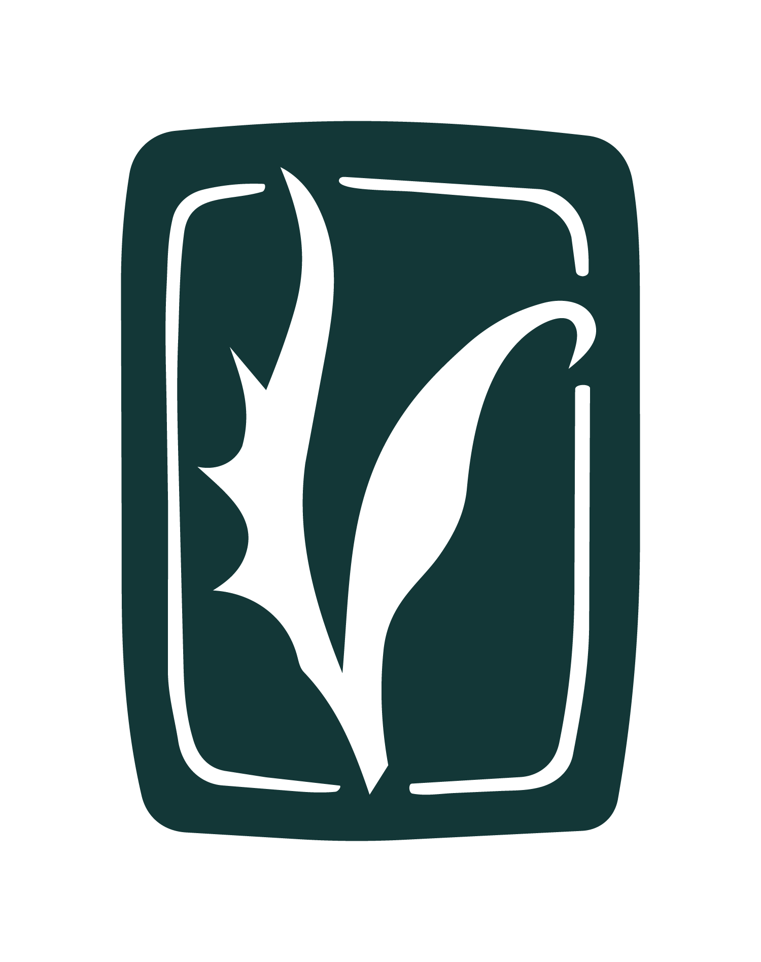 Dark geen stylized logo of a flower or plant with long, curved petals inside a rectangular border.