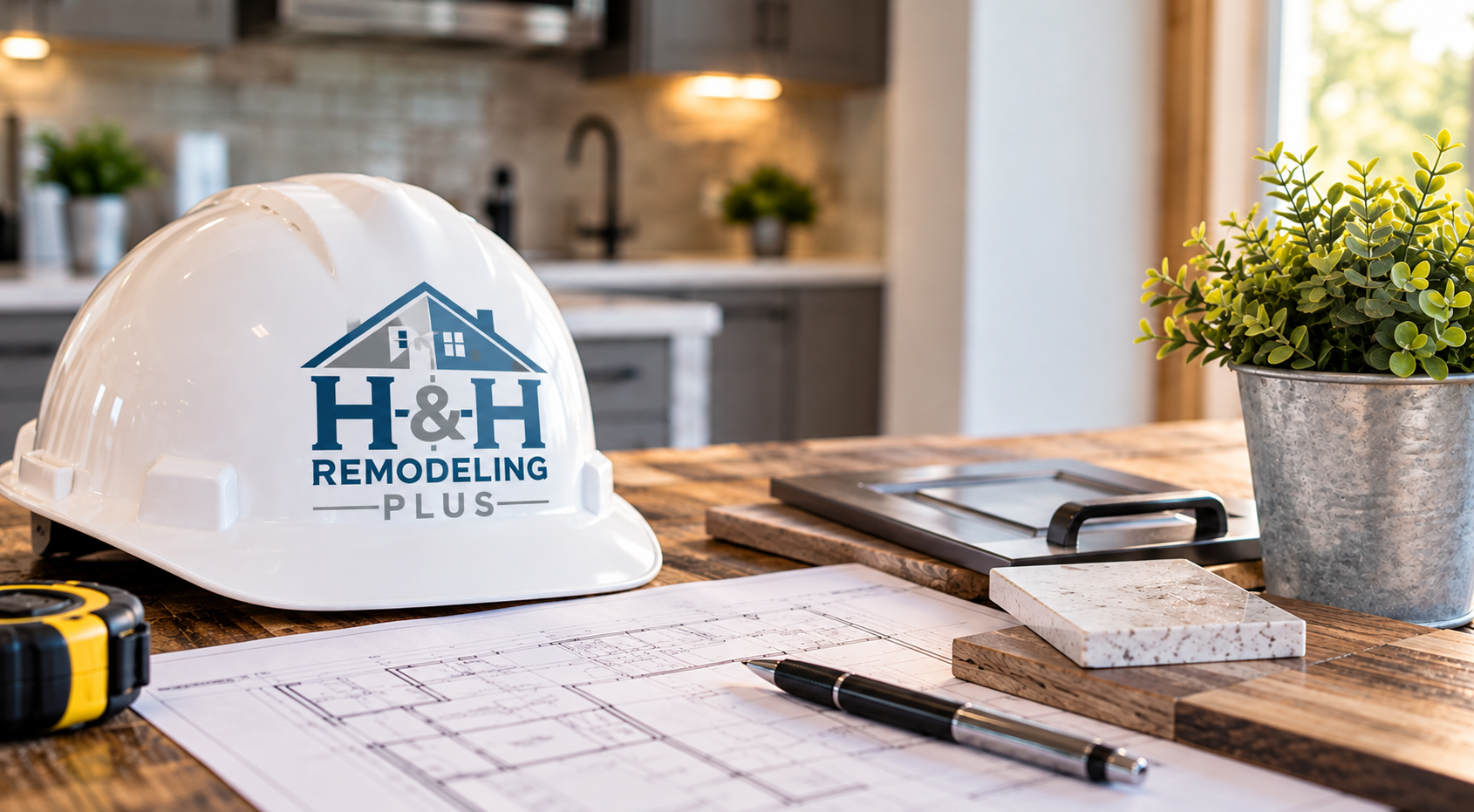 H&H Remodeling Plus hard hat with blueprints and remodeling material samples