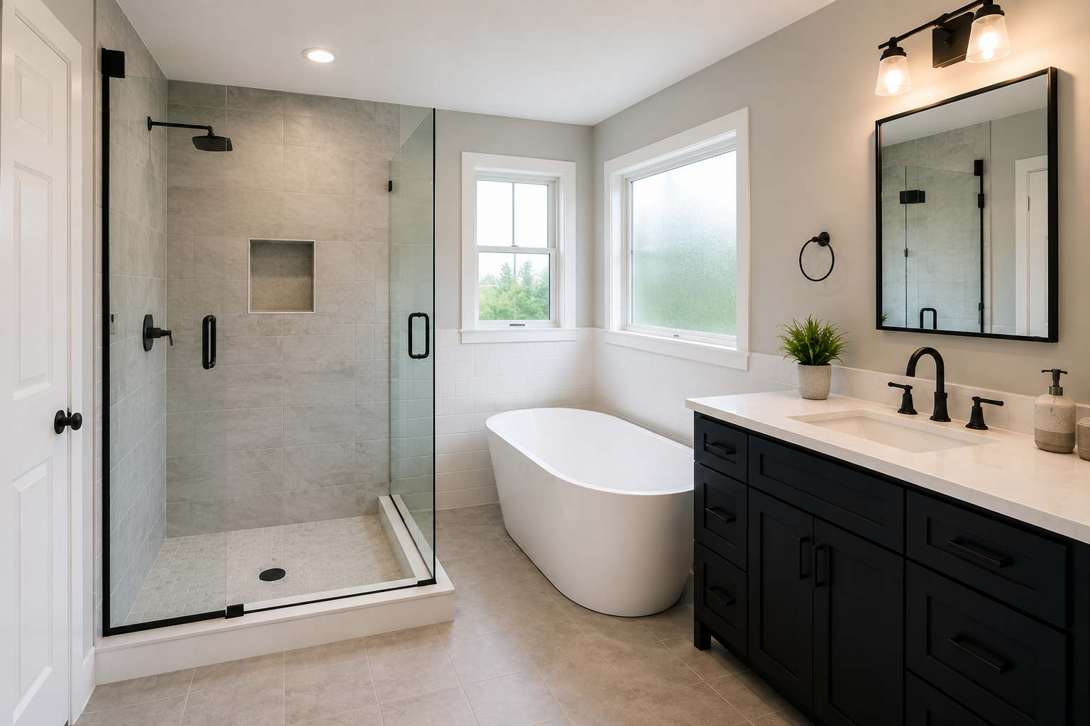 Remodeled bathroom with walk-in tile shower, freestanding bathtub, black vanity, and modern fixtures