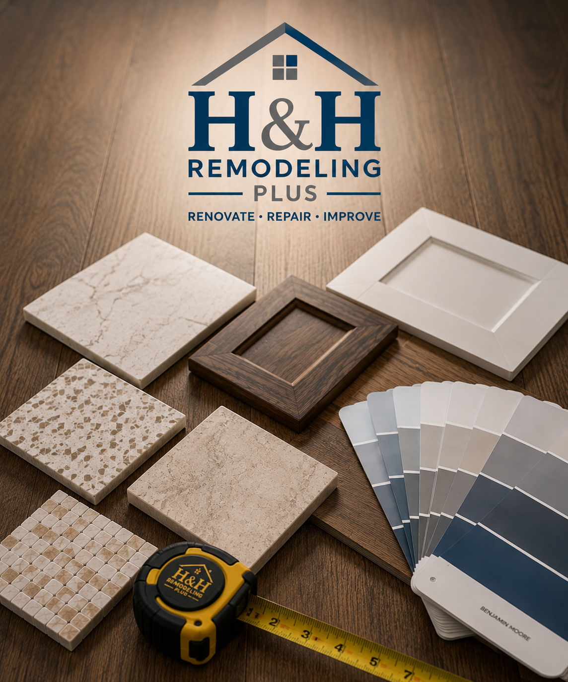 H&H Remodeling Plus logo with countertop, cabinet, wood, tile, and paint color samples